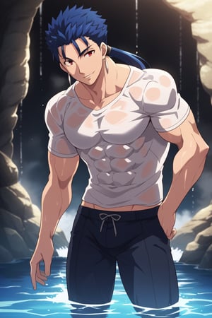 Cu Chulainn Blue Lancer a man in a white t-shirt and black pants with a good face, red eyes, a good body with little muscle and long blue hair with a ponytail at the nape of his neck and anime earrings with a flirtatious smile bathing in the sea making a sexy pose.