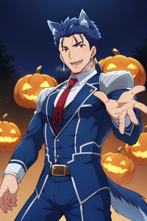 Cu Chulainn Blue Lancer a man dressed as a butler with blue wolf ears and tail with a good face, red eyes, a good body with little musculature and long blue hair with a ponytail at the nape of his neck and anime earrings with an orgasmic smile doing a wolf pose with a Halloween background.