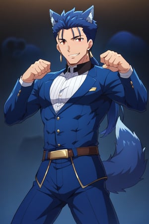 Cu Chulainn Blue Lancer a man dressed as a butler with blue wolf ears and tail with a good face, red eyes, a good body with little musculature and long blue hair with a ponytail at the nape of his neck and anime earrings with an orgasmic smile doing a wolf pose with a Halloween background.