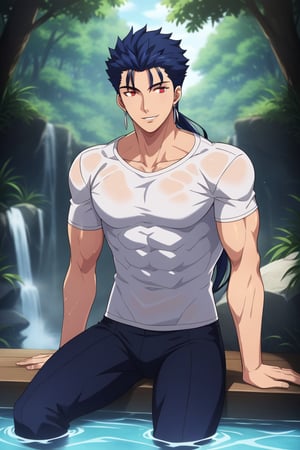 Cu Chulainn Blue Lancer a man in a white t-shirt and black pants with a good face, red eyes, a good body with little muscle and long blue hair with a ponytail at the nape of his neck and anime earrings with a flirtatious smile bathing in the sea doing a sexy pose sitting.