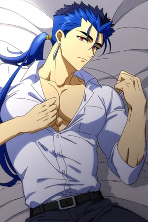 Cu Chulainn Blue Lancer a man dressed as a police officer with a good face, red eyes, a good body with little muscle and long blue hair with his ponytail at the nape of his neck anime unbuttoning his shirt lying on a bed