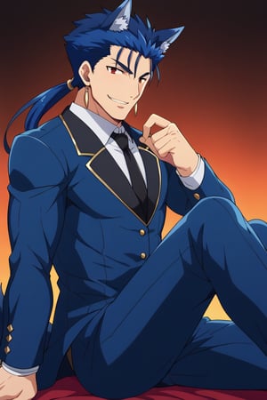 Cu Chulainn Blue Lancer a man dressed as a butler with wolf ears and a blue wolf dog tail with a good face, red eyes, a good body with little muscle and long blue hair with a ponytail at the nape of his neck and anime earrings with an orgasmic smile with a sexy pose sitting with a Halloween background.