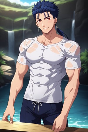 Cu Chulainn Blue Lancer a man in a white t-shirt and black pants with a good face, red eyes, a good body with little muscle and long blue hair with a ponytail at the nape of his neck and anime earrings with a flirtatious smile bathing in the sea making a sexy pose.