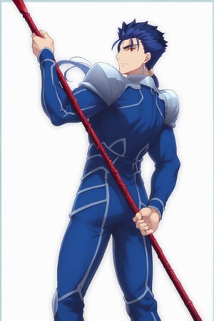 Cu Chulainn Blue Lancer from fate a man in a blue suit with a good face, red eyes, a good body with little muscle and long blue hair with a ponytail at the nape of his neck and anime earrings holding a red spear.