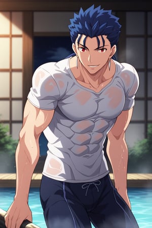 Cu Chulainn Blue Lancer a man in a white t-shirt and black pants with a good face, red eyes, a good body with little muscle and long blue hair with a ponytail at the nape of his neck and anime earrings with a flirtatious smile bathing in the sea making a sexy pose.