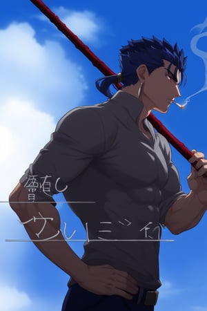 Cu Chulainn Blue Lancer a man in civilian clothes with a good face, red eyes, a good body with little muscle and long blue hair with a ponytail at the nape of his neck and anime earrings holding a red spear with a calm face smoking a cigarette.