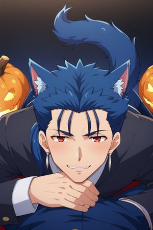 Cu Chulainn Blue Lancer a man dressed as a butler with blue wolf ears and tail with a good face, red eyes, a good body with little muscle and long blue hair with a ponytail at the nape of his neck and anime earrings with an orgasmic smile lying down doing a wolf pose with a Halloween background.