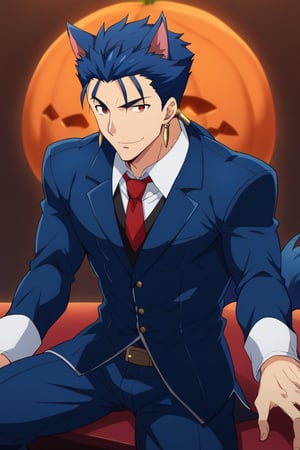 Cu Chulainn Blue Lancer a man dressed as a butler with wolf ears and a blue wolf dog tail with a good face, red eyes, a good body with little muscle and long blue hair with a ponytail at the nape of his neck and anime earrings with a mocking smile with a sexy pose sitting with a Halloween background.