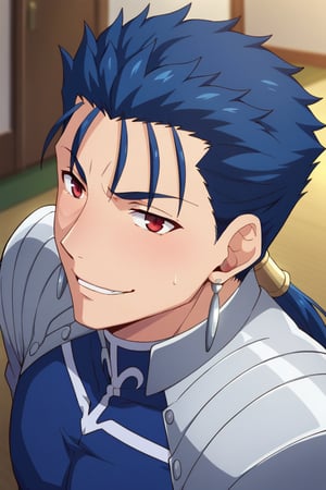 Cu Chulainn Blue Lancer a man dressed as a sexy wolf with a good face, red eyes, a good body with little muscle and long blue hair with a ponytail at the nape of his neck and anime earrings with an orgasmic smile with a sexy pose.