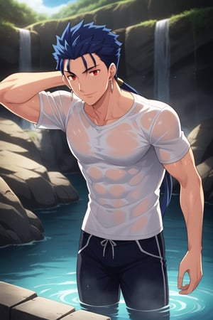 Cu Chulainn Blue Lancer a man in a white t-shirt and black pants with a good face, red eyes, a good body with little muscle and long blue hair with a ponytail at the nape of his neck and anime earrings with a flirtatious smile bathing in the sea making a sexy pose.