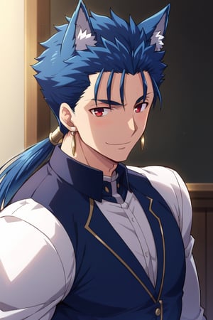 Cu Chulainn Blue Lancer a man dressed as a butler with wolf ears and a blue wolf dog tail with a good face, red eyes, a good body with little muscle and long blue hair with a ponytail at the nape of his neck and anime earrings with a flirtatious smile with a sexy pose.