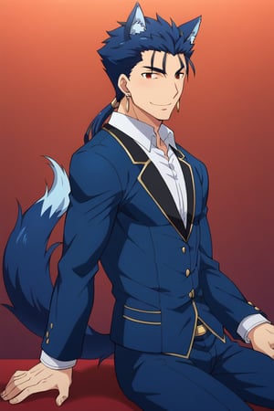 Cu Chulainn Blue Lancer a man dressed as a butler with wolf ears and a blue wolf dog tail with a good face, red eyes, a good body with little muscle and long blue hair with a ponytail at the nape of his neck and anime earrings with an orgasmic smile with a sexy pose sitting with a Halloween background.