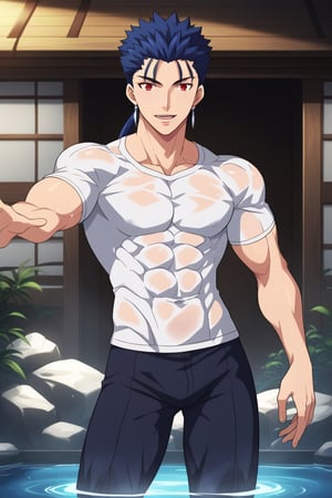 Cu Chulainn Blue Lancer a man in a white t-shirt and black pants with a good face, red eyes, a good body with little muscle and long blue hair with a ponytail at the nape of his neck and anime earrings with a flirtatious smile bathing in the sea making a sexy pose.