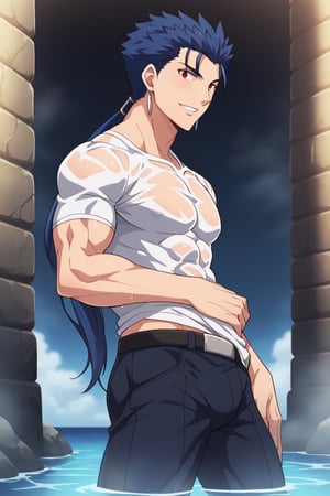 Cu Chulainn Blue Lancer a man in a white t-shirt and black pants with a good face, red eyes, a good body with little muscle and long blue hair with a ponytail at the nape of his neck and anime earrings with a flirtatious smile bathing in the sea making a sexy pose.