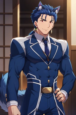 Cu Chulainn Blue Lancer a man dressed as a butler with wolf ears and a blue wolf dog tail with a good face, red eyes, a good body with little muscle and long blue hair with a ponytail at the nape of his neck and anime earrings with a flirtatious smile on his face.