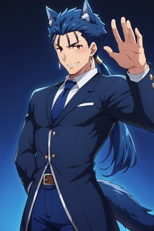 Cu Chulainn Blue Lancer a man dressed as a butler with blue wolf ears and tail with a good face, red eyes, a good body with little musculature and long blue hair with a ponytail at the nape of his neck and anime earrings with an orgasmic smile doing a wolf pose with a Halloween background.