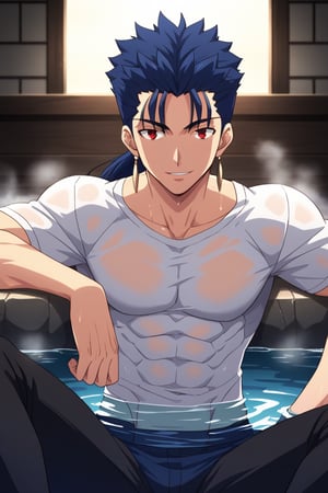 Cu Chulainn Blue Lancer a man in a white t-shirt and black pants with a good face, red eyes, a good body with little muscle and long blue hair with a ponytail at the nape of his neck and anime earrings with a flirtatious smile bathing in the sea doing a sexy pose sitting.