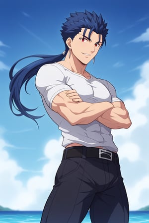 Cu Chulainn Blue Lancer a man in a white t-shirt and black pants with a good face, red eyes, a good body with little muscle and long blue hair with a ponytail at the nape of his neck and anime earrings with a flirtatious smile floating in the sea making a sexy pose.