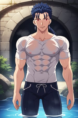 Cu Chulainn Blue Lancer a man in a white t-shirt and black pants with a good face, red eyes, a good body with little muscle and long blue hair with a ponytail at the nape of his neck and anime earrings with a flirtatious smile bathing in the sea making a sexy pose.