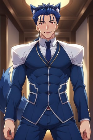 Cu Chulainn Blue Lancer a man dressed as a butler with wolf ears and a blue wolf dog tail with a good face, red eyes, a good body with little muscle and long blue hair with a ponytail at the nape of his neck and anime earrings with an orgasmic smile with a sexy pose.