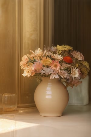 A serene still life setup against a warm flower background. A delicate bouquet of colorful blooms adorns the edge of the frame, with soft petals and gentle curves. The subject, a beautiful ceramic vase, sits nestled among the flowers, its earthy tones blending harmoniously with the vibrant hues. Golden light casts a subtle glow on the arrangement, accentuating the textures and depth.