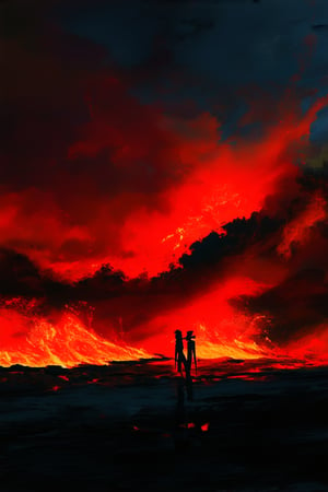 A fiery blaze engulfs a darkened landscape, with crimson hues dancing across the sky as flames lick at the edges of the frame. The warm glow illuminates a lone figure standing at the edge of the inferno, their silhouette bold against the burning backdrop, as red and orange embers crackle to life.