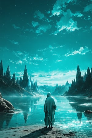 A surrealistic landscape on a cyan planet, where iridescent mist swirls around towering crystal formations, their facets glinting like shards of sapphire. The sky above is a deep cerulean hue, with wispy cirrus clouds drifting lazily across the horizon. A lone figure, cloaked in a flowing robe of aquamarine silk, stands at the edge of a shimmering lake, gazing out at the ethereal scenery.