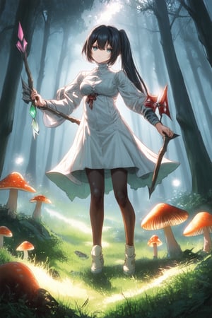 A vibrant, manga-inspired illustration featuring Kaghi, a dynamic anime protagonist, standing in a misty forest clearing, with lush greenery and glowing mushrooms surrounding her. Soft, warm lighting highlights her striking features, as she confidently poses, one hand grasping a shimmering staff, the other holding a gleaming, gemstone-tipped arrow.