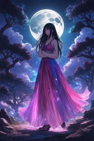 A vibrant, colorful anime scene with a mystical atmosphere: Kaghi's whimsical world comes to life. In the foreground, Kaghi herself stands proudly, her long black hair flowing in wispy strands as she gazes out at the viewer. Surrounded by swirling clouds of purple and blue, her bright pink dress shines like a beacon. The background features ancient trees with glowing runes, while a crescent moon rises high above, casting an ethereal glow. Kaghi's pose exudes confidence, her arms crossed over her chest as if holding secrets within.