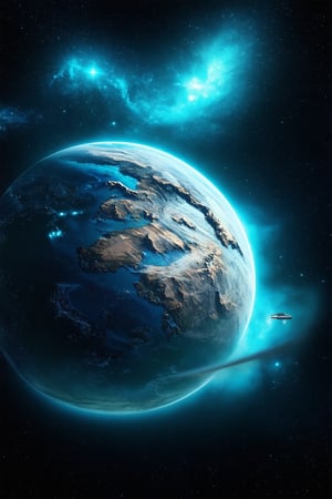 Render a vividly colored planet with a cyan hue, set against a deep space backdrop of twinkling stars. The planet's surface features wispy clouds and sprawling continents, with towering mountains and vast oceans. A small shuttle approaches the planet's atmosphere, leaving a trail of ionized gases in its wake.