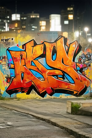 A vibrant street art scene unfolds. A bold, graffiti-covered wall dominates the frame, with Kun in fiery red and orange hues, scrawled across it like a declaration of creativity. The background is a blurred urban landscape, with city lights and sounds muted to emphasize the artwork's impact.