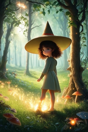 A whimsical fantasy scene unfolds as a young girl with curly brown hair and a pointed hat stands at the edge of a mystical forest, sunlight filtering through the trees to illuminate her wonder-filled expression. In the background, towering mushrooms and vines entwine ancient tree trunks, while fireflies dance in the warm glow.