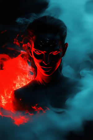 A fiery red hue dominates the frame as flames engulf a darkened studio, casting a warm glow on the subject's face. The intense color bleeds across their skin, like a crimson mask, as they stand defiantly amidst the inferno. Smoke curls around them, adding an air of drama to the scene.