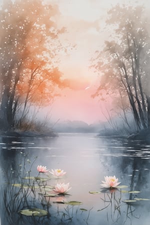 A delicate watercolor painting of a serene lake scene at dawn. Soft pink and orange hues illuminate the misty atmosphere, as gentle ripples disturb the calm surface. A few lotus flowers bloom in the foreground, their petals softly rendered in shades of white and pale blue. The surrounding trees, painted with feathery brushstrokes, stretch towards the sky, blending seamlessly into the misty veil.