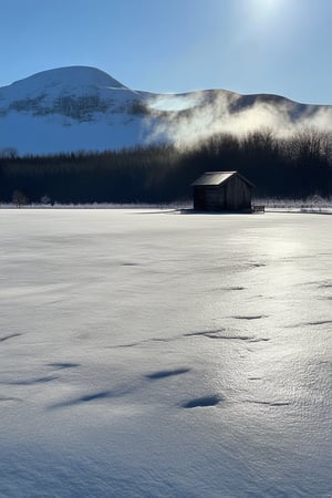 A serene winter landscape in Halland, Sweden: a frozen lake mirrors the snow-capped mountains, as sunlight casts long shadows across the peaceful scene. A rustic wooden cabin stands at the water's edge, smoke drifting lazily into the frosty air.