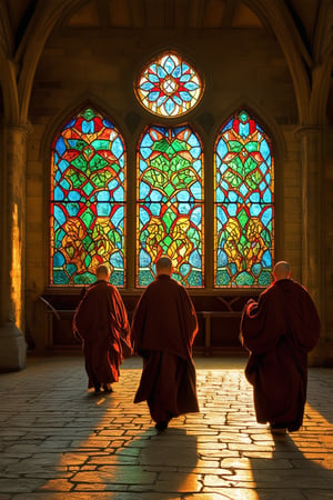 Vibrant stained glass windows glow softly in a medieval church, intricate geometric patterns and flowing vines dance across the kaleidoscope of colors. Golden light streams through the paned glass, casting a warm ambiance on the stone floor. A procession of monks passes by, their robes a muted contrast to the dazzling colors.