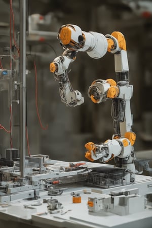 A futuristic laboratory setting with a metallic grey floor and sleek white countertops. A robotic arm, covered in wires and cables, stands upright in the center of the frame. It's surrounded by various tools and machinery, with a faint glow emanating from the devices. The arm's mechanical hand is open, as if holding something invisible. The overall atmosphere is one of modern innovation and cutting-edge technology.