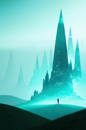 A surreal, dreamlike landscape on the cyan planet, where towering iridescent spires pierce the sky like shards of glass. Soft, ethereal light bathes the scene, casting an otherworldly glow on the rolling hills and misty valleys below. In the distance, a lone figure stands atop a crystalline peak, arms outstretched as if embracing the celestial beauty.