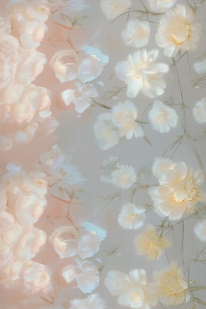 A serene floral background with soft, gentle petals in pastel hues: pale pink, baby blue, and creamy yellow. Delicate white blooms adorn the center, subtly lit by a warm, diffused sunlight. The flowers are arranged in a loose, organic pattern, framing the subject with a natural charm.