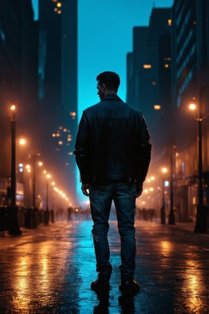 A futuristic cityscape at dusk, with a dark blue sky lit by neon lights reflecting off wet pavement. A lone figure in a worn leather jacket and ripped jeans stands at the edge of the city, looking out into the distance, hands shoved deep into pockets as if lost in thought. The warm glow of streetlights casts long shadows across their face, highlighting sharp cheekbones and a determined jawline.