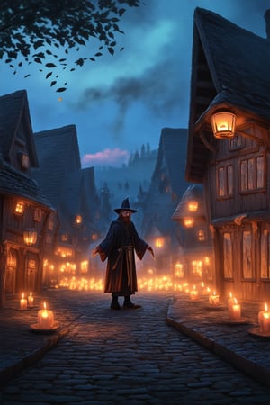 A whimsical village square at dusk, where candlelit lanterns dance across rustic wooden buildings. Amidst the mystical atmosphere, a bespectacled wizard stands tall, surrounded by wisps of smoke and swirling leaves. His outstretched staff radiates an ethereal glow, illuminating the cobbled path ahead.