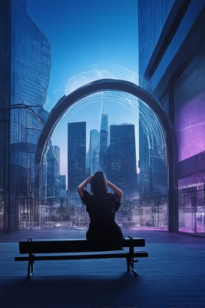 A futuristic cityscape at dusk, with sleek skyscrapers and neon lights casting a warm glow on the pavement. In the foreground, a young woman sits on a bench, gazing up at a holographic display projected above her head, her hands grasping a 3D printed tablet. The city's skyline is framed by a circular archway of LED lights, with a subtle gradient of blues and purples in the sky.