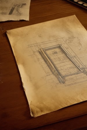 A close-up shot of a worn, yellowed blueprint on a wooden desk, with faint pencil marks and coffee stains scattered across its surface. The vintage paper is torn at the edges, framing the intricate architectural drawings within. Soft, warm lighting illuminates the scene, casting a gentle glow on the desk's rustic grain.