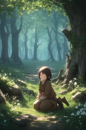 A whimsical fantasy scene unfolds: In a misty forest, a young apprentice, dressed in earthy tones, kneels beside a glowing ancient tree. The soft morning light filters through the foliage, casting dappled shadows on the rustic terrain. The subject's eyes are closed, and their hands cradle a delicate, petal-like artifact. The air is filled with an ethereal glow, hinting at mystical energies.