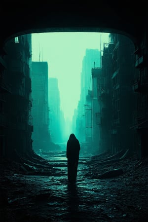 A hauntingly lit, cinematic frame captures a dystopian cityscape in 'Darkside World'. The desolate metropolis sprawls before us, its crumbling skyscrapers and twisted infrastructure illuminated by an eerie, sickly green glow. A lone figure, shrouded in shadows, stands at the edge of the chaos, as if contemplating the abyss.