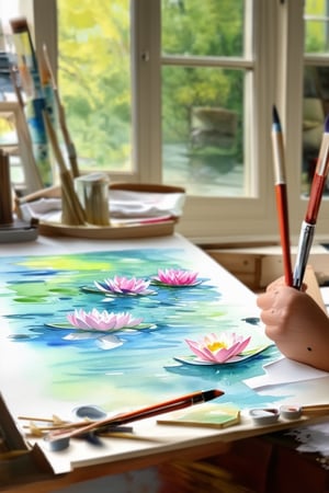 Soft focus captures a serene watercolor painting studio scene: delicate petals of water lilies float on a watery canvas, surrounded by vibrant paintbrushes and half-finished artworks. Warm morning light filters through the window, illuminating the dreamy atmosphere as an artist's hand gently strokes the paper, blending colors in a harmonious dance.