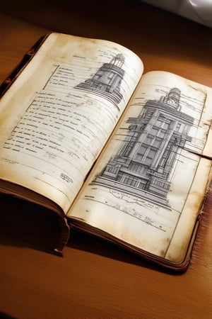 A close-up shot of a worn leather-bound blueprint sketchbook lying open on a wooden desk, its pages filled with intricate architectural drawings and notes. Soft, warm light spills from above, casting a gentle glow on the aged paper.