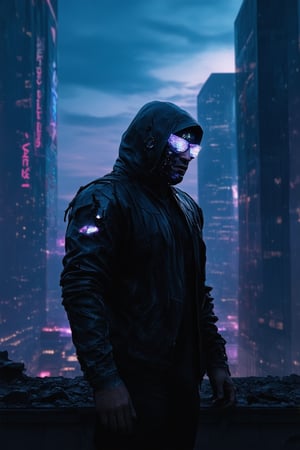 Close-up shot of a gritty, high-tech cityscape at dusk. A lone hacker, dressed in tattered leather and cybernetic implants, stands atop a crumbling rooftop, gazing out at the neon-lit sprawl below. Flickering holographic advertisements cast a psychedelic glow on their face, as they adjust their mirrorshades to take in the desolate landscape.