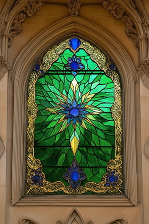 A majestic stained glass window, set within a ornate Gothic-style frame, radiates vibrant hues against a warm beige background. Delicate, swirling patterns of emerald green and sapphire blue dance across the center, surrounded by intricate gold filigree. Soft, diffused light casts an ethereal glow on the adjacent stone walls.