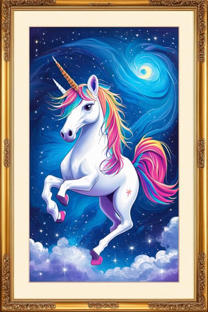 A whimsical 2D illustration of a fantastical world, where vibrant colors dance across the page. A majestic unicorn with shimmering scales and flowing mane prances across a starry night sky, surrounded by swirling clouds of glittering silver dust. The scene is framed within intricate golden borders, with delicate scrollwork patterns adding depth and texture.